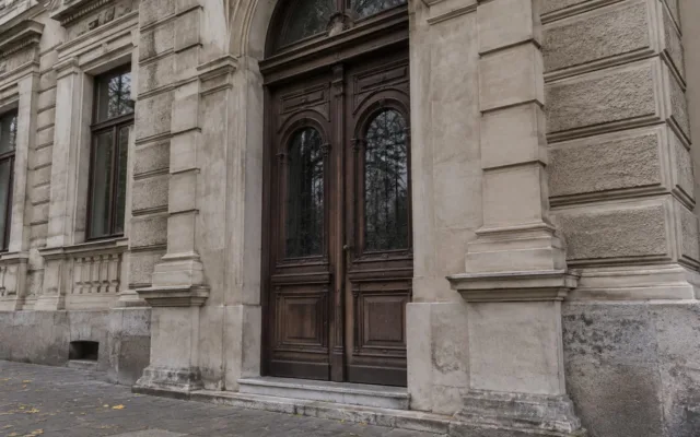 Detaliu al fațadei unei clădiri administrative din centrul municipiului Timișoara