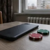 Un telefon mobil lângă jetoane de cazinou așezate pe o masă