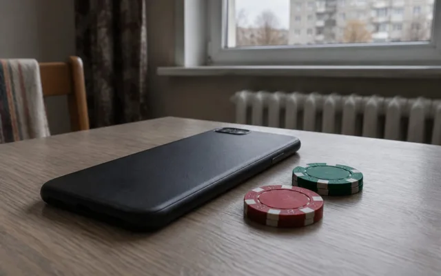Un telefon mobil lângă jetoane de cazinou așezate pe o masă