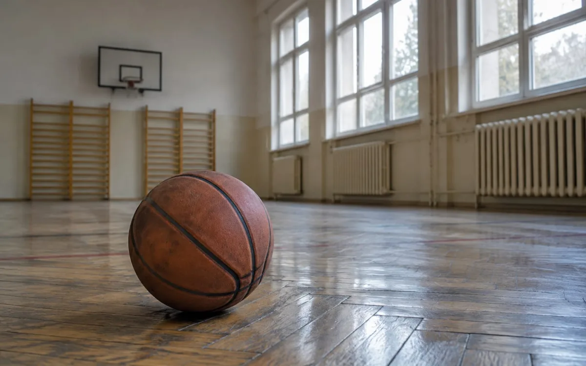 Imagine ilustrativă cu o minge de baschet într-o sală de sport