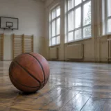 Imagine ilustrativă cu o minge de baschet într-o sală de sport