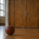 O minge de baschet pe podeaua unei săli de sport școlare
