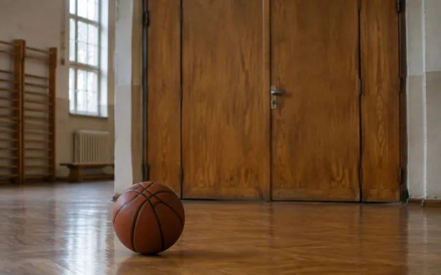 O minge de baschet pe podeaua unei săli de sport școlare