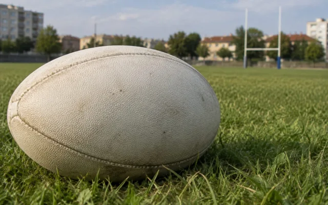 Minge de rugby pe terenul de joc înaintea unei partide oficiale