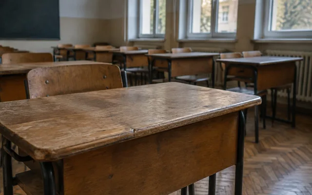 Sală de clasă cu bănci goale