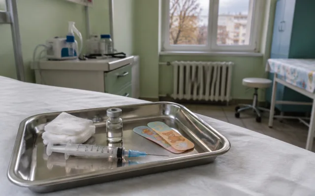 Tavă cu seringă și flacon de vaccin într-un cabinet de pediatrie