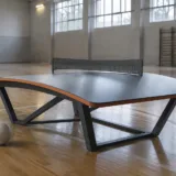 Masă de teqball și minge pregătite pentru antrenament într-o sală de sport