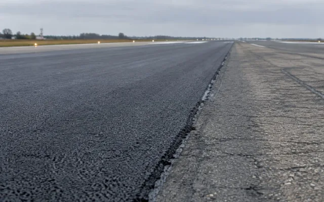 Pistă de aeroport aflată în curs de reasfaltare pentru întreținere